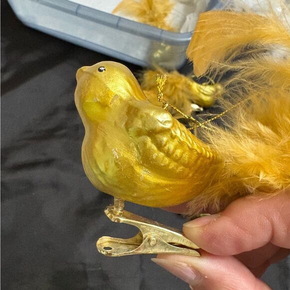 Set of Four Gold Bird Glittery Clip on Glass Ornaments with Feathers - Picture 7 of 8
